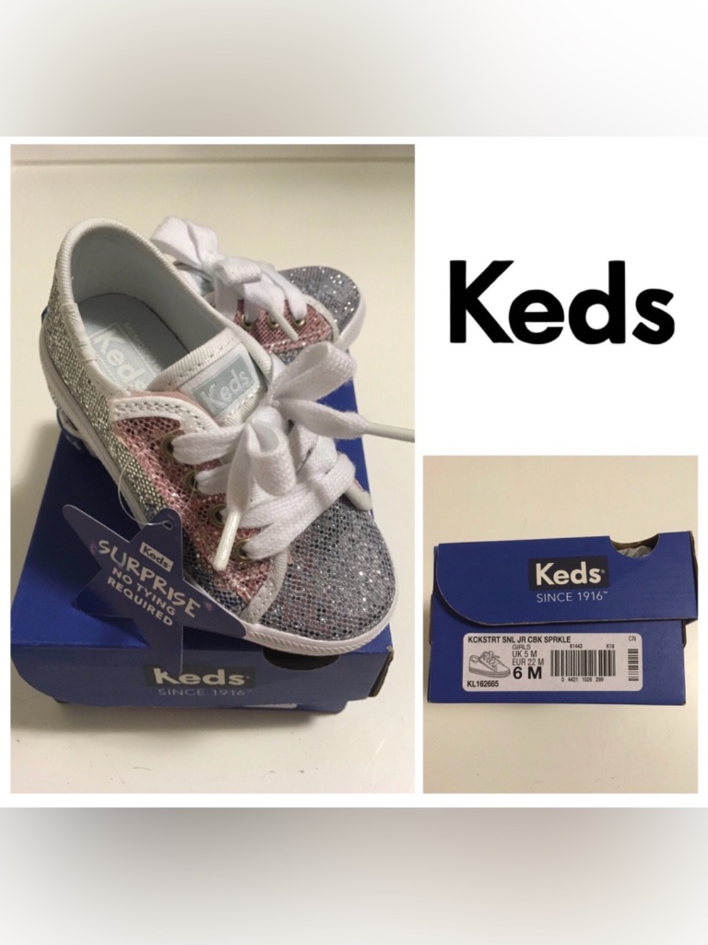 🆕KEDS - GIRLS 6 - NWT - SILVER PINK SPARKLE KICKSTART SHOES